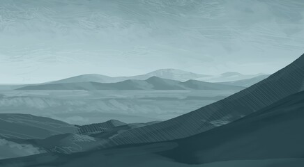 Empty winter rural landscape illustration. Alien world space art.