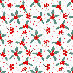 Seamless holly pattern. Christmas background illustration.