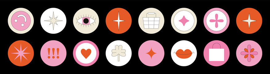 Cute highlights set. Cover icons for saved stories. Vector illustration. Ideal for online shopping or blogging. Social media concept.