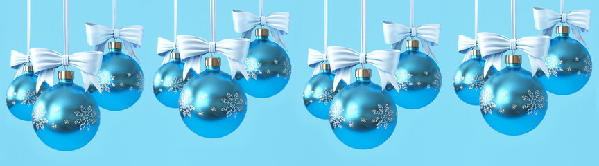 3d illustration of Christmas tree garland of Christmas toys in blue tones. Seamless horizontal picture. For printing, decorating Christmas banners or cards.