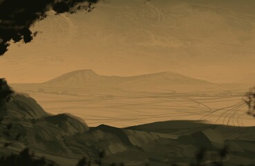 Empty rural landscape illustration. Alien world space art. © Jakub