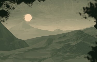 Empty rural landscape illustration. Alien world space art. © Jakub