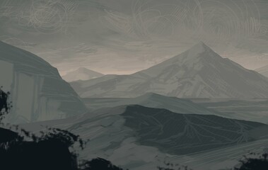 Empty rural landscape illustration. Alien world space art. © Jakub