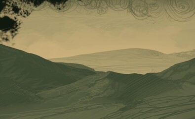 Empty rural landscape illustration. Alien world space art. © Jakub