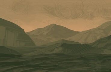 Empty rural landscape illustration. Alien world space art. © Jakub