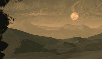 Empty rural landscape illustration. Alien world space art. © Jakub