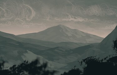 Empty rural landscape illustration. Alien world space art. © Jakub