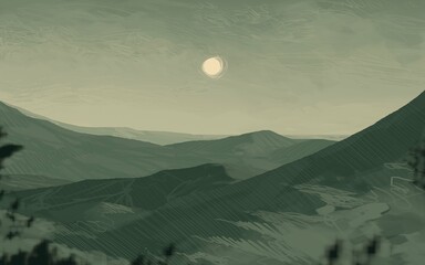 Empty rural landscape illustration. Alien world space art. - obrazy, fototapety, plakaty