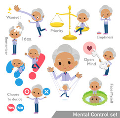 メンタルコントロールをする薄紫ジャージ高齢女性のセット