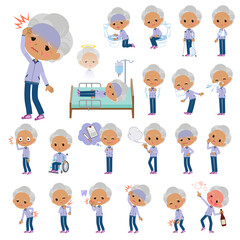 怪我や病気の状態の薄紫ジャージ高齢女性のセット