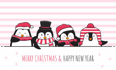 Cute penguin and friends greeting merry christmas and happy new year cartoon doodle card background illustration