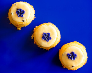 blue with 3 lemon cupcakes 