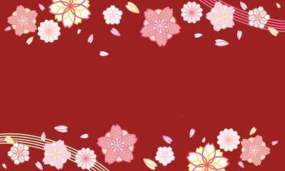 シンプルでお洒落な春の和柄風桜壁紙フレーム素材（赤）　Simple spring flowers red background