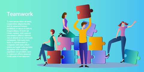 Teamwork.A group of workers talking to each other, put together the puzzle elements.Dialogues between colleagues in the workplace.Poster in business style.Flat vector illustration.