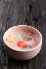 Es Campur Hongkong, Made of Jelly, Tapioca Pearl, Water Melon, Melon, Sweet Basil Seed (Selasih), and Coconut Milk or Condensed Milk, Copy Space for Text