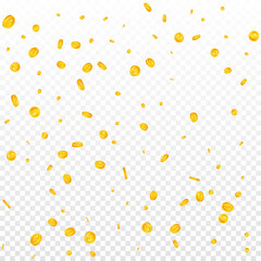 American dollar coins falling. Dramatic scattered USD coins. USA money. Alive jackpot, wealth or success concept. Vector illustration.