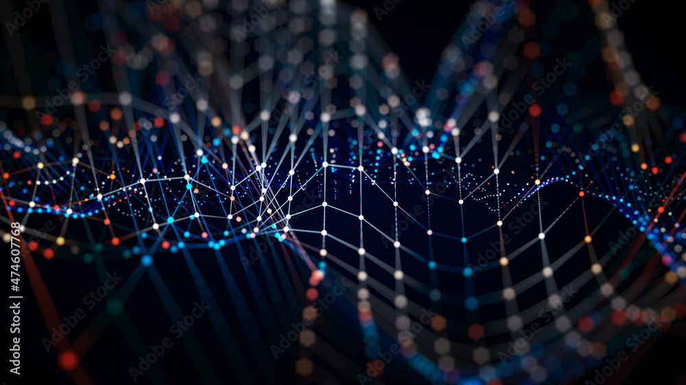 Wall mural Technology network background concept. Global network. Big data and cybersecurity. Transfer and storage of data sets, blockchain. Abstract connected dots and lines network background.