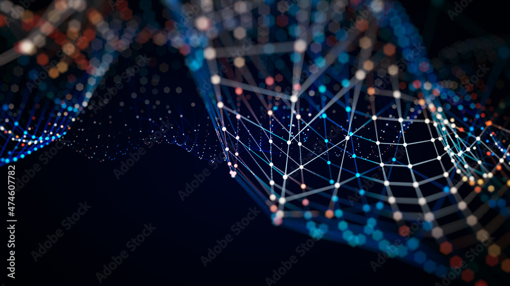 Poster Technology network background concept. Global network. Big data and cybersecurity. Transfer and storage of data sets, blockchain. Abstract connected dots and lines network background.