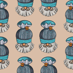 Seamless pattern illustration of a gnome with a beard in a hat. New year and christmas symbol on a brown background. High quality illustration