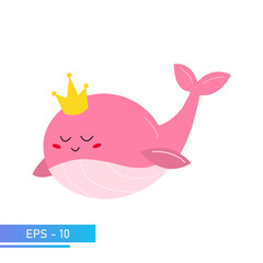 A kind pink whale in delicate pink colors, with a golden crown on his head and a beautiful tail. Proud and sweet. Vector illustration.
