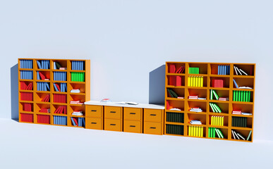 3D rendering of a modern library with books. Bookshelves 3d font. 3D rendering modern luxury interior design bookshelves and bookshelf wall background .