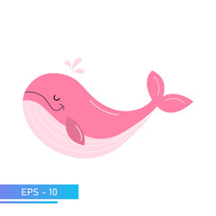A kind pink whale in delicate pink colors, splashes water out of itself when exhaling. Proud and sweet. Vector illustration.