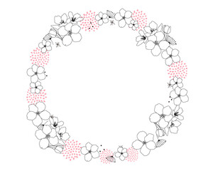 モノクロの線画の桜モチーフの円形フレームイラスト素材