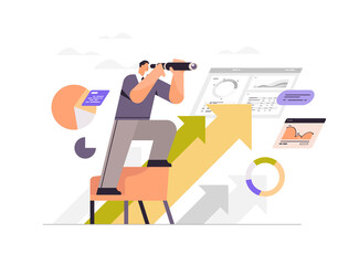 businessman looking through binocular business vision successful strategy direction concept horizontal cartoon