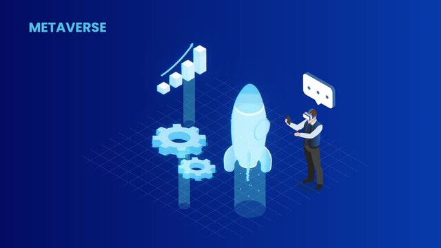 Businessman launching a rocket in the metaverse