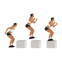Fototapeta premium Woman doing High box jump exercise. Flat vector illustration isolated on white background
