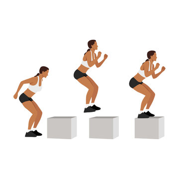 Woman doing High box jump exercise. Flat vector illustration isolated on white background