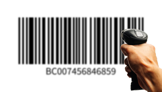 Bar code. Retail label barcode scan. Reader laser scanner for warehouse holding hand. Product code data concept.