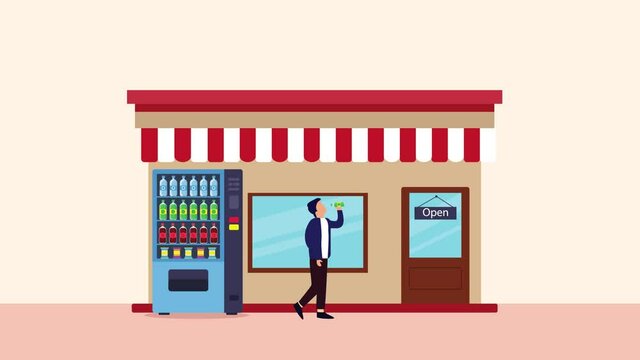 Man buy drinks on vending machine near the store