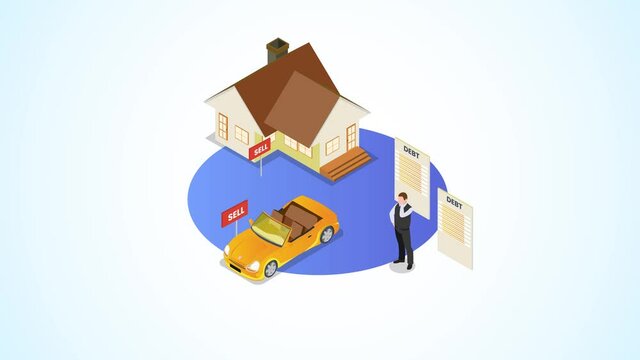 Sad man selling car and house to paying debts