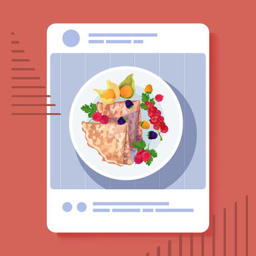 appetizing photo of crepes tasty thin pancakes on smartphone screen food blogging social media blog post food hunter review concept vector illustration