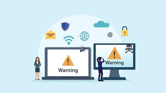 Two people using computer with warning sign