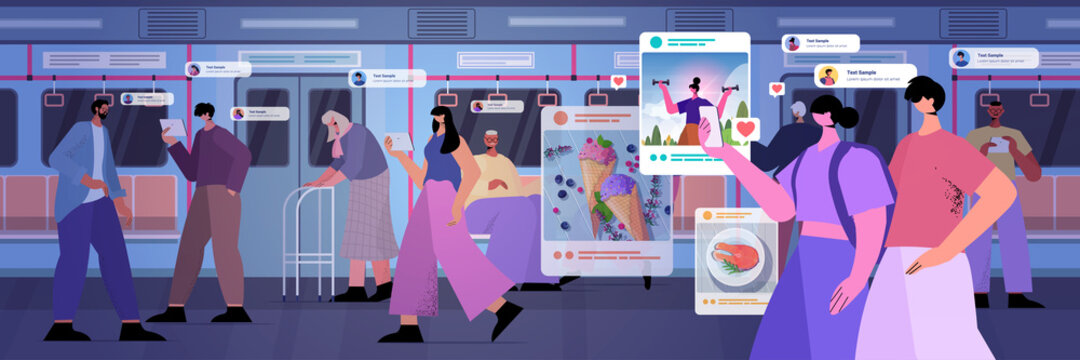passengers bloggers sharing photos at social networks men women making posts for followers social media addiction