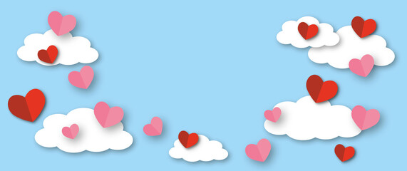 Many hearts with clouds on blue background. Greeting card for Valentine, Wedding, Mother's, Father's day, birthday, poster and postcard, banner love concept. space for the text. paper art design.