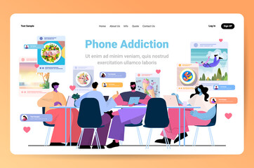 businesspeople bloggers sharing photos at social networks men women making posts for followers social media addiction