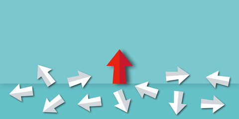 Red arrow change direction from group on blue background as metaphor for business creativity new idea to discovering new business options, Individual and unique leader. copy space. paper art design.