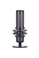 Studio microphone on stand isolated on white background. Black microphone for recording vocals and musical instruments. Close-up. Front view. Copy Space.