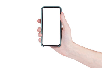 Male hand presenting new smartphone with big blank screen. Isolated on white background. Copy space.