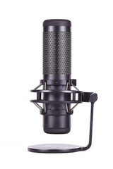 Studio microphone on stand isolated on white background. Black microphone for recording vocals and musical instruments. Close-up. Side view. Copy Space.