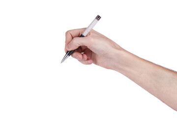 Man's hand with a ballpoint pen on a white background. Male arm writing with metallic black pen. Space for text.