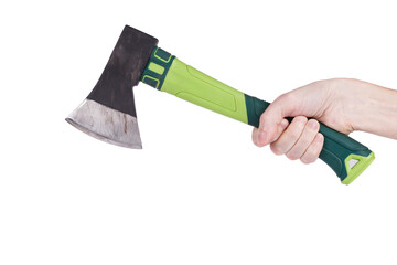 Male hand holding modern ax with green plastic handle isolated on white background. Close-up. Space for text.