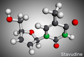Obraz premium Stavudine, d4T molecule. It is dideoxynucleoside used in the treatment of HIV infection and acquired immunodeficiency syndrome AIDS. Molecular model. 3D rendering