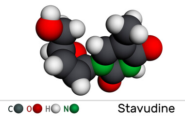 Stavudine, d4T molecule. It is dideoxynucleoside used in the treatment of HIV infection and acquired immunodeficiency syndrome AIDS. Molecular model. 3D rendering