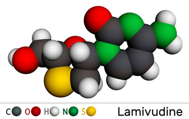 Lamivudine, 3TC molecule. It is used to treat human Immunodeficiency virus HIV and hepatitis B infections (HBV). Molecular model. 3D rendering