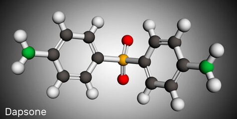 Dapsone, diaminodiphenyl sulfone, DDS molecule. It is sulfone antibiotic for the treatment of leprosy and dermatitis herpetiformis. Molecular model. 3D rendering