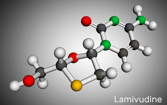 Lamivudine, 3TC molecule. It is used to treat human Immunodeficiency virus HIV and hepatitis B infections (HBV). Molecular model. 3D rendering